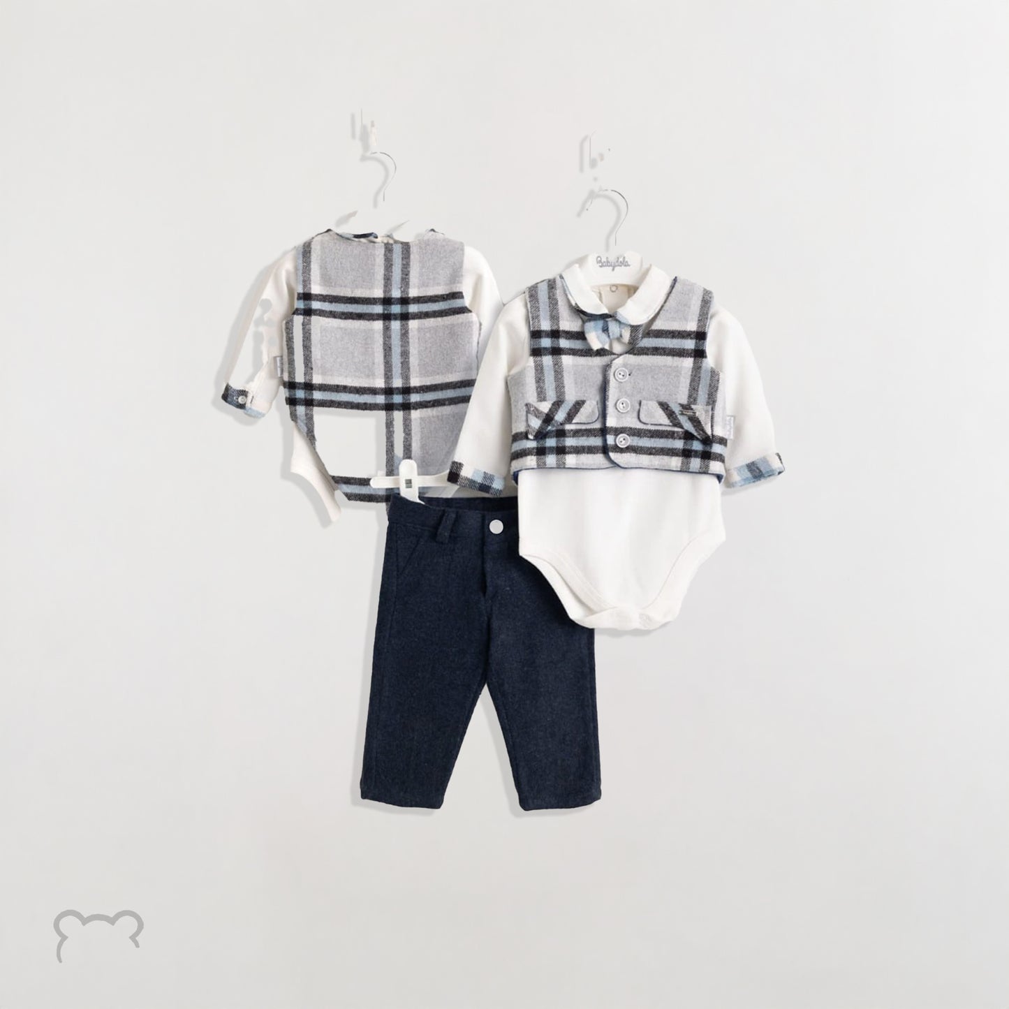 طقم ملابس أطفال من 3 قطع بنمط دب تيدي بأكمام وياقة قميص باللون الرمادي