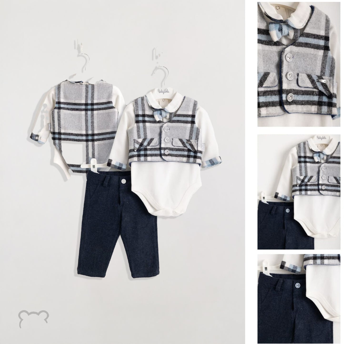 طقم ملابس أطفال من 3 قطع بنمط دب تيدي بأكمام وياقة قميص باللون الرمادي