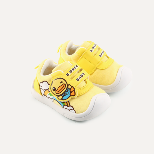 “Cute yellow baby shoes with duck design”