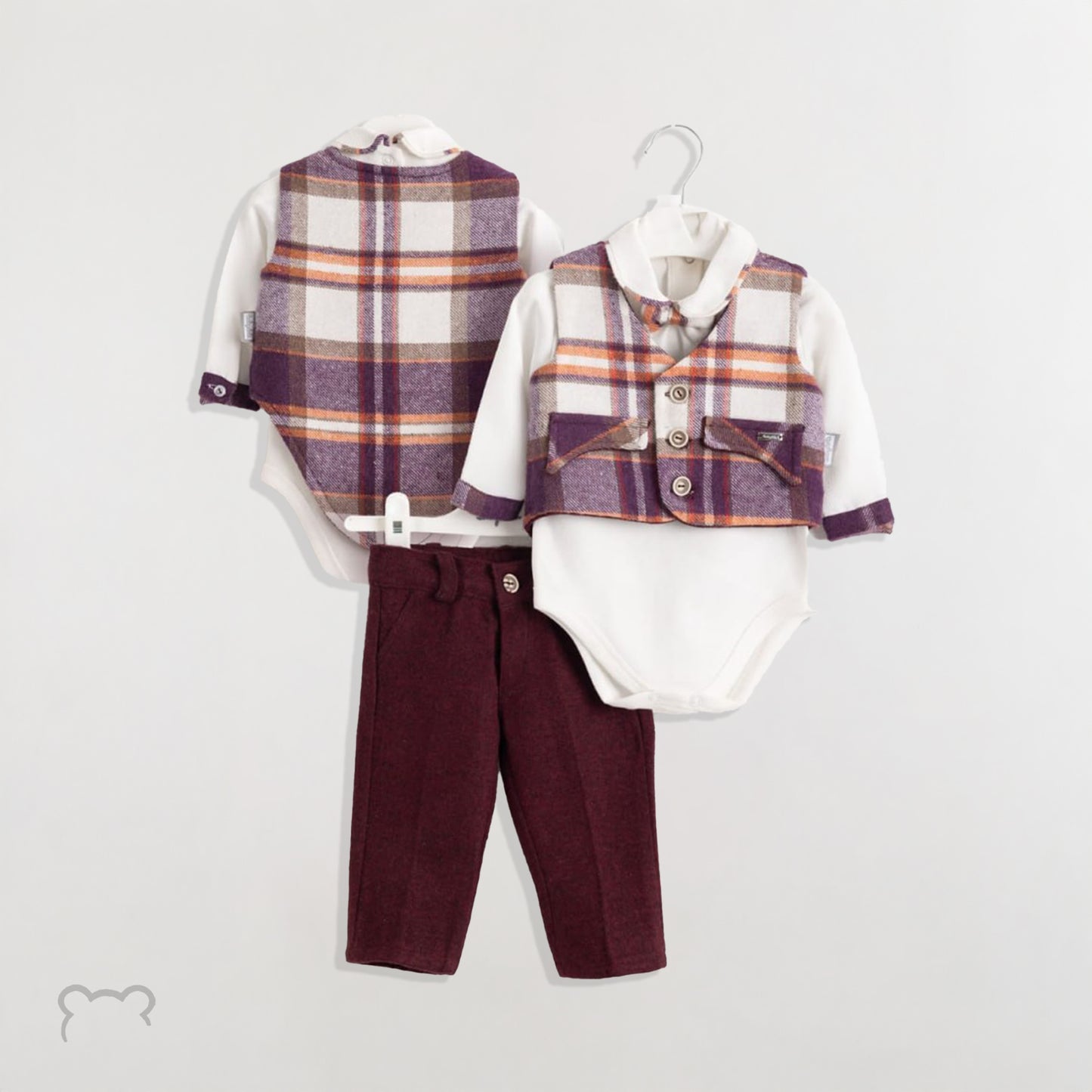 Teddy bear baby Shirt Collar  Sleeve Patterned Baby Boy Suit 3 Pieces burgundy color