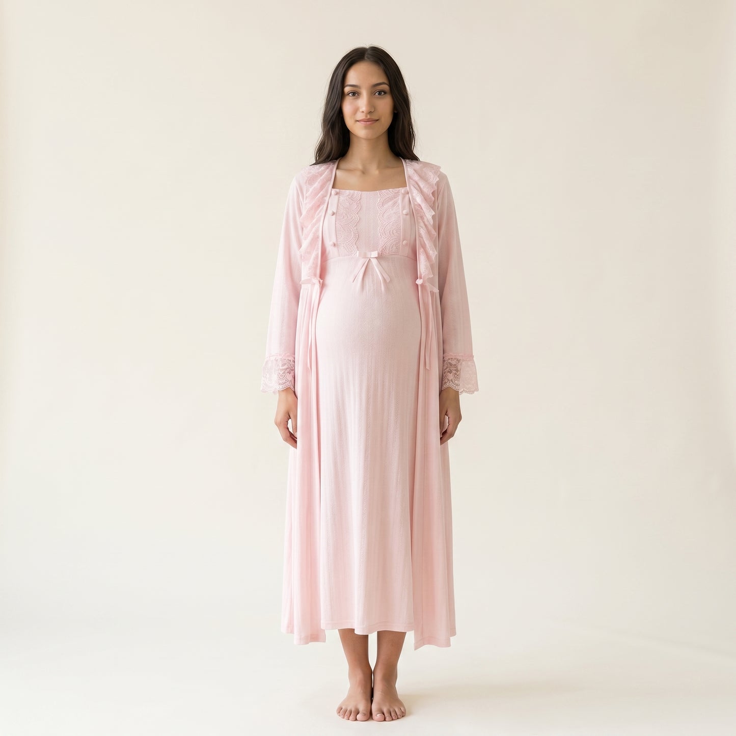 Pink Lace Maternity Robe and Gown Set