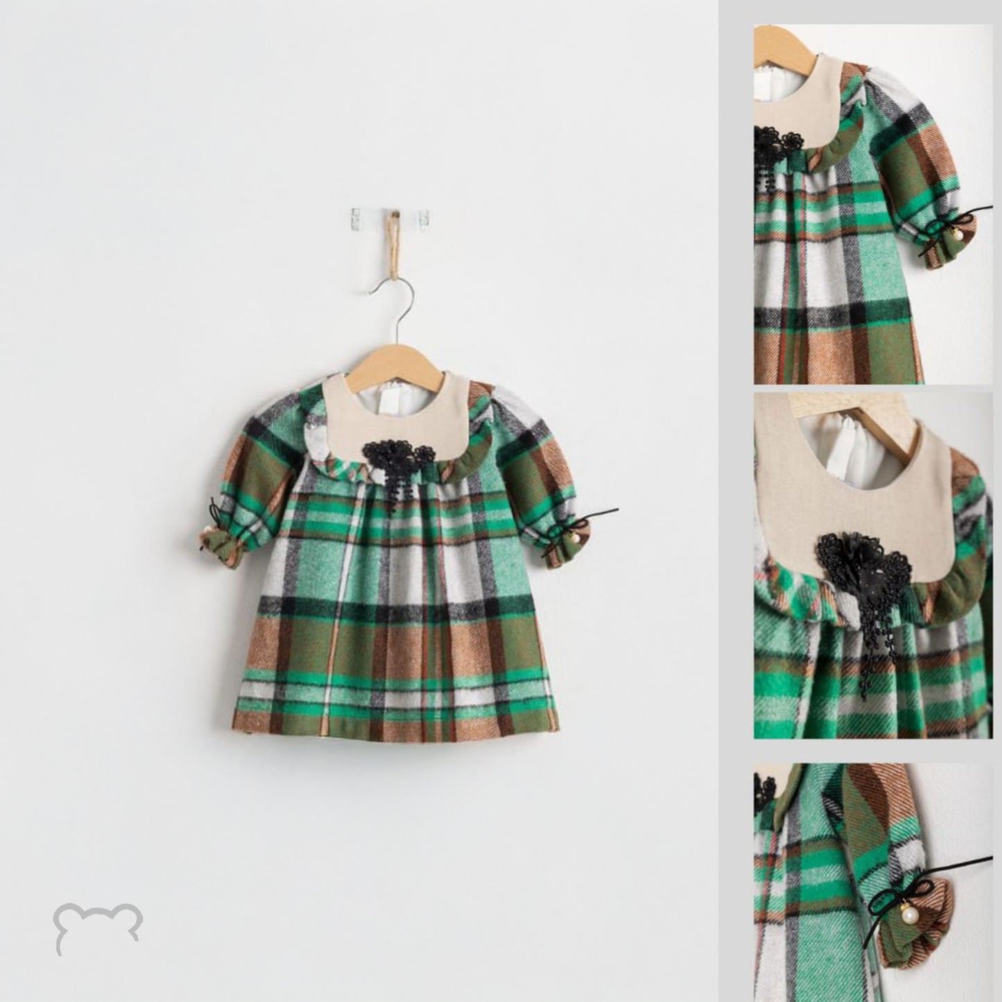 Teddy bear Beautiful Girls green Tartan Dress