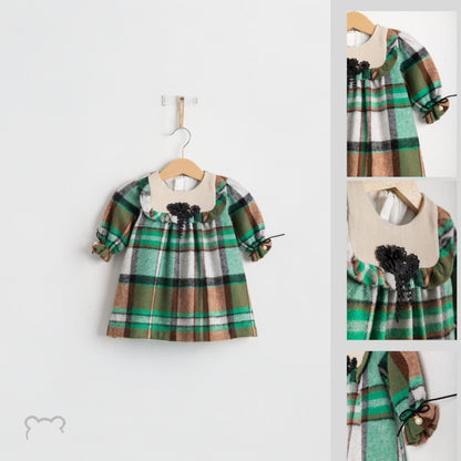 Teddy bear Beautiful Girls green Tartan Dress