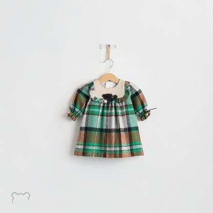 Teddy bear Beautiful Girls green Tartan Dress