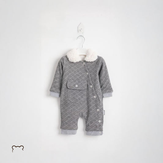 Teddy bear baby Beautiful dark grey romper with pocket and fleece detail on the collar.