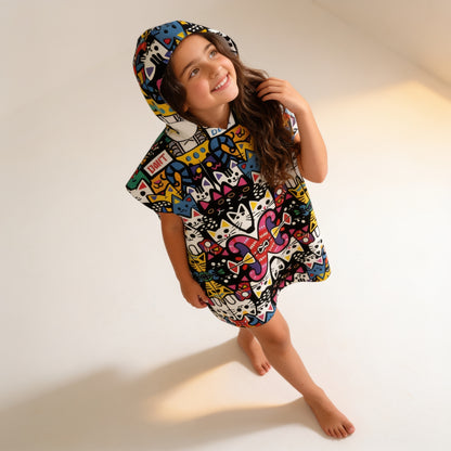 Comic Cat Graffiti Hooded Poncho