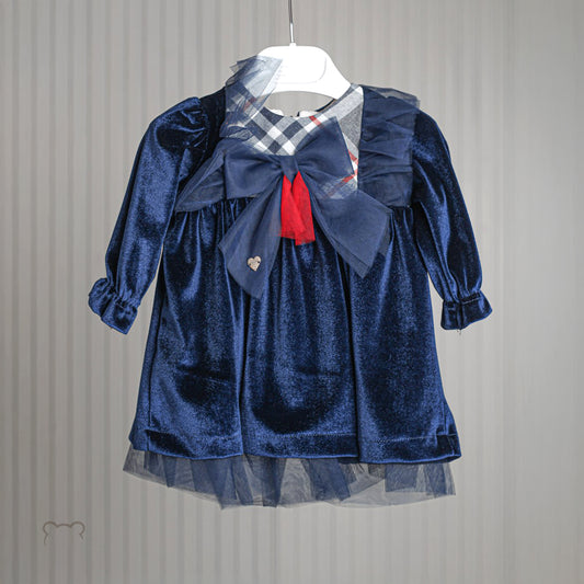 dark blue Tartan Baby Girl dress with frill details.