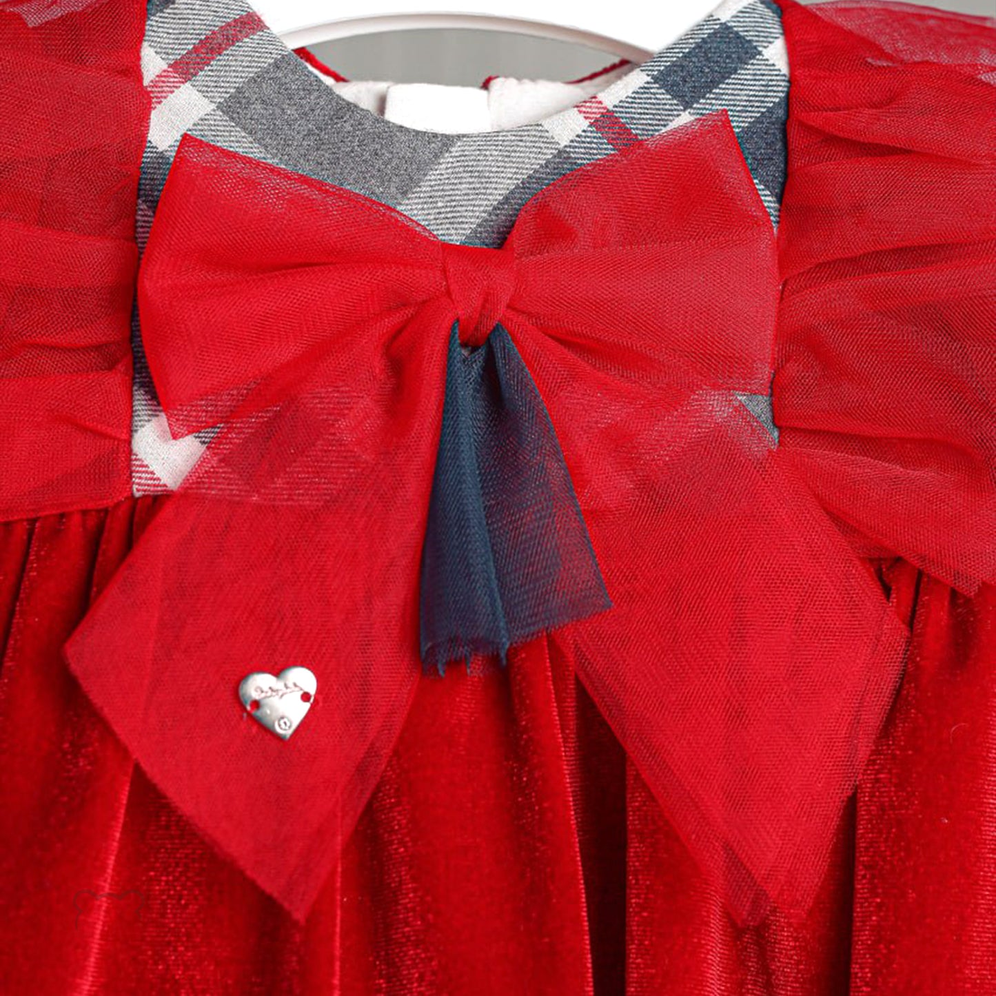 Red Tartan Baby Girl dress with frill details.