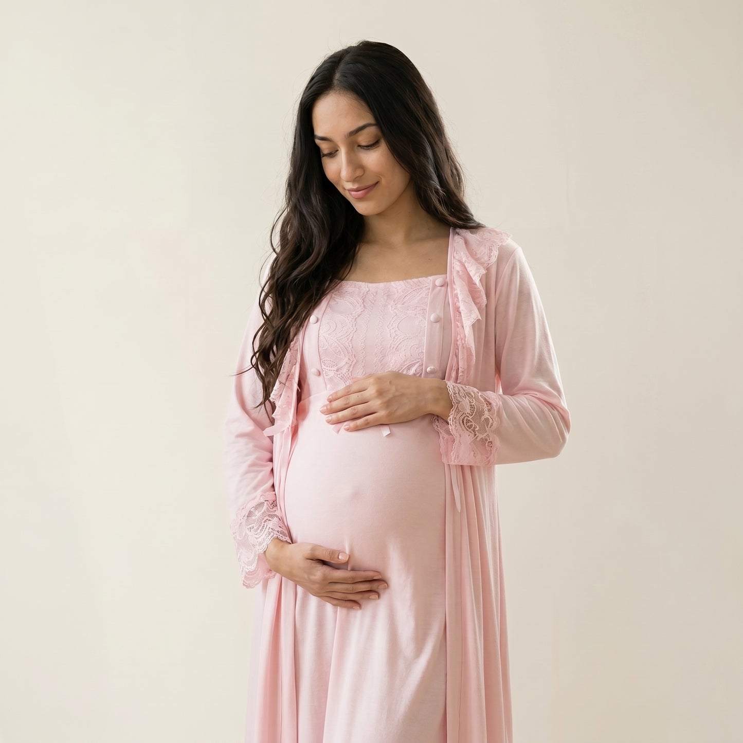 Pink Lace Maternity Robe and Gown Set