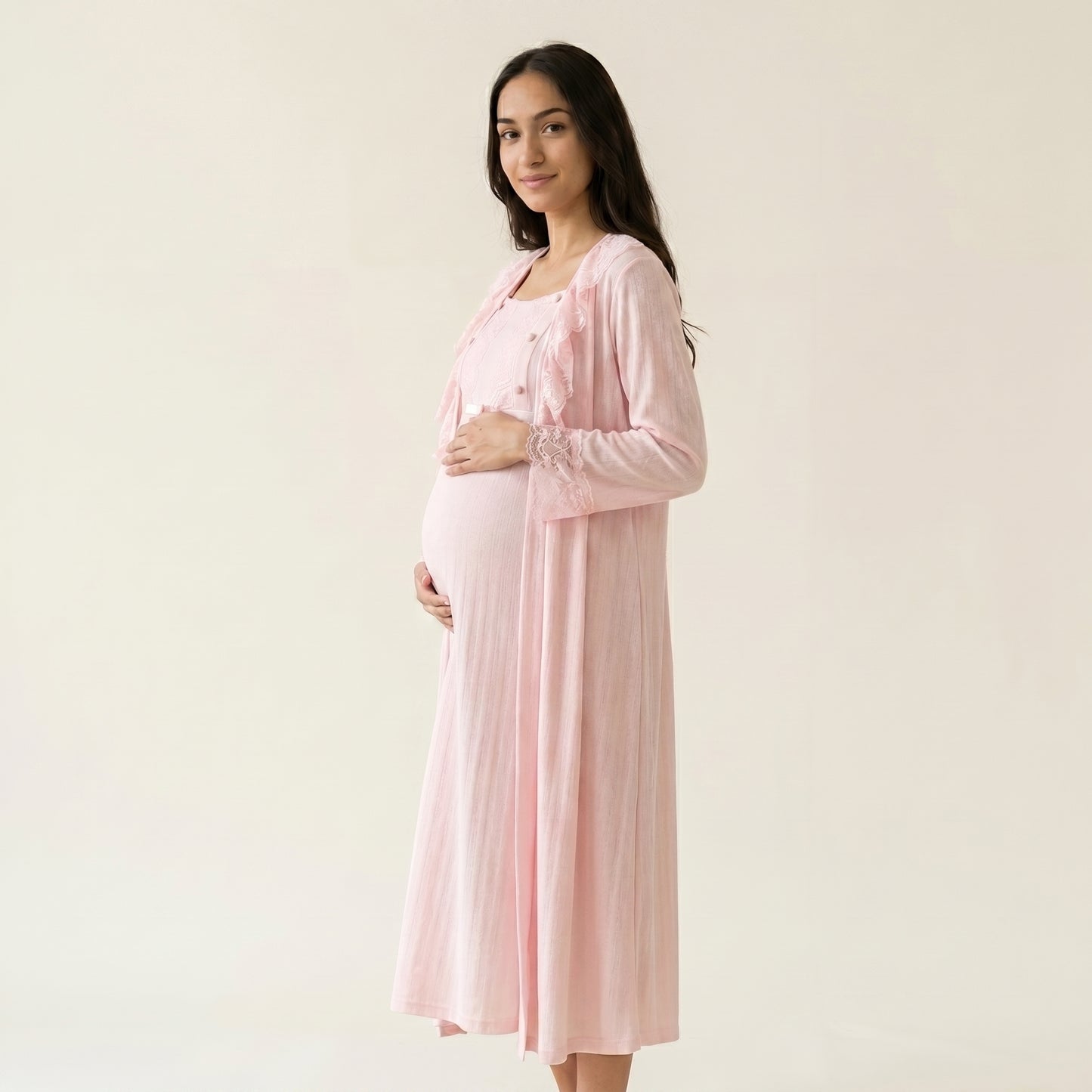 Pink Lace Maternity Robe and Gown Set