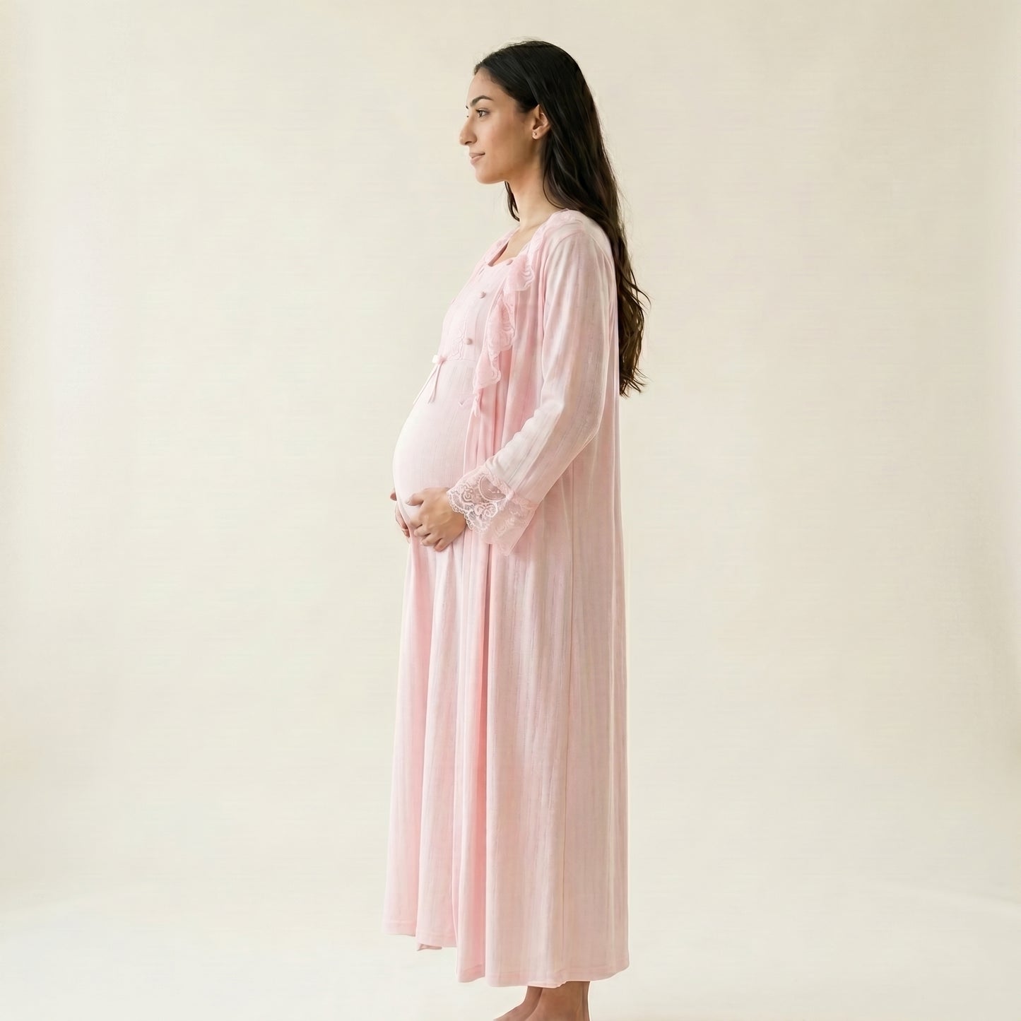 Pink Lace Maternity Robe and Gown Set