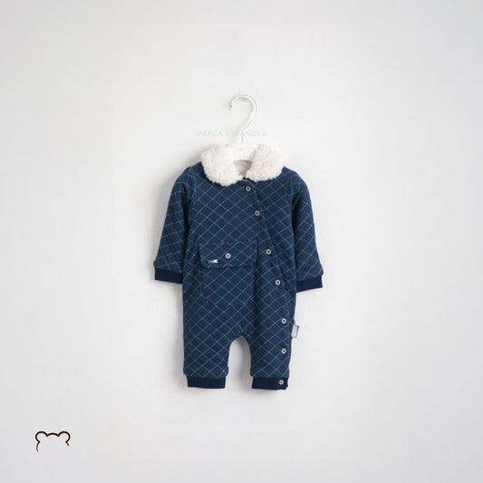 Teddy bear baby Beautiful Dark blue romper with pocket and fleece detail on the collar.